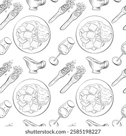 vector seamless pattern line art elements - food, cuisine