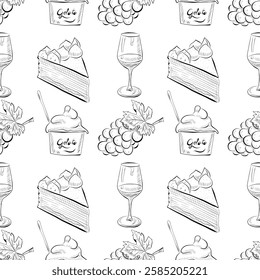 vector seamless pattern line art elements - food, cuisine, grapes, wine, tiramisu, gelato