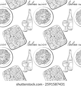 vector seamless pattern line art elements - food, cuisine