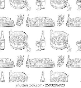 vector seamless pattern line art elements - food, Colosseum, grapes, wine