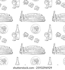 vector seamless pattern line art elements - food, Colosseum, salad, wine, bruschetta