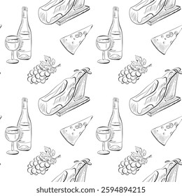 vector seamless pattern line art elements - food, bottle and glass, jamon, cheese, grapes