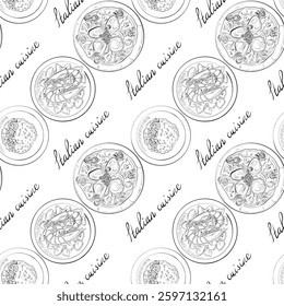 vector seamless pattern line art elements - food, Italian cuisine, risotto, pizza, pasta