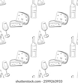 vector seamless pattern line art elements - food, wine, glass, cheese