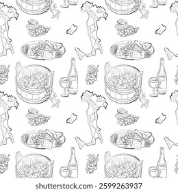 vector seamless pattern line art elements - food, wine, grapes, map of Italy, cheese plate