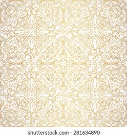 Vector seamless pattern with line art ornament. Vintage element for design in Victorian style. Ornamental lace tracery. Ornate floral decor for wallpaper. Endless texture. Outline pattern fill.