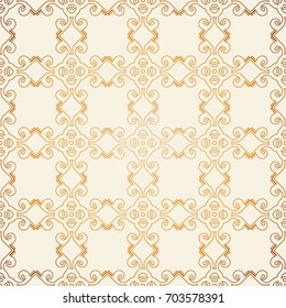 Vector seamless pattern with line art ornament and golden gradient . Retro background for design in vintage style. Ornamental lace. Ornate floral decor for wallpaper. Endless texture. 