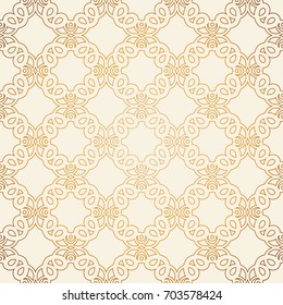 Vector seamless pattern with line art ornament and golden gradient . Retro background for design in vintage style. Ornamental lace. Ornate floral decor for wallpaper. Endless texture. 