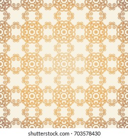 Vector seamless pattern with line art ornament and golden gradient . Retro background for design in vintage style. Ornamental lace. Ornate floral decor for wallpaper. Endless texture. 