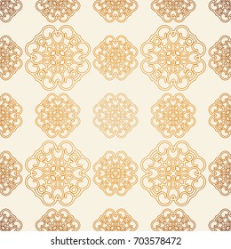 Vector seamless pattern with line art ornament and golden gradient . Retro background for design in vintage style. Ornamental lace. Ornate floral decor for wallpaper. Endless texture. 