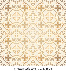 Vector seamless pattern with line art ornament and golden gradient . Retro background for design in vintage style. Ornamental lace. Ornate floral decor for wallpaper. Endless texture. 