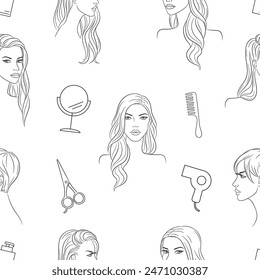 Vector seamless pattern line background for beauty salons, hairdressers, or wellness centers. Beautiful young women with different hairstyles.