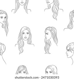 Vector seamless pattern line background for beauty salons, hairdressers, or wellness centers. Beautiful young women with different hairstyles.