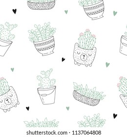 Vector seamless pattern with line drawing house plant in flowerpot. Doodle illustration. Friendship day, Valentine's, anniversary, baby shower, birthday, children's party
