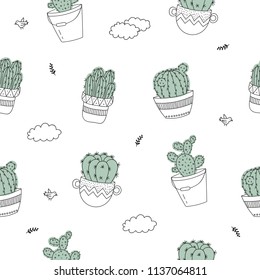 Vector seamless pattern with line drawing house plant in flowerpot. Doodle illustration. Friendship day, Valentine's, anniversary, baby shower, birthday, children's party