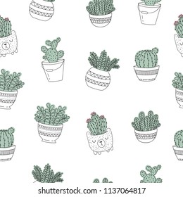 Vector seamless pattern with line drawing house plant in flowerpot. Doodle illustration. Friendship day, Valentine's, anniversary, baby shower, birthday, children's party
