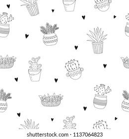 Vector seamless pattern with line drawing house plant in flowerpot. Doodle illustration. Friendship day, Valentine's, anniversary, baby shower, birthday, children's party