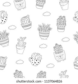 Vector seamless pattern with line drawing house plant in flowerpot. Doodle illustration. Friendship day, Valentine's, anniversary, baby shower, birthday, children's party