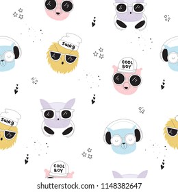 Vector seamless pattern with line drawing hipster animals. Doodle illustration. Friendship day, Valentine's, anniversary, birthday, children's or teenager party, notebook decoration