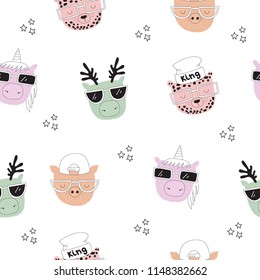 Vector seamless pattern with line drawing hipster animals. Doodle illustration. Friendship day, Valentine's, anniversary, birthday, children's or teenager party, notebook decoration