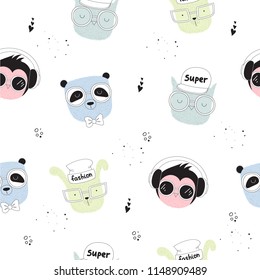 Vector seamless pattern with line drawing hipster animals. Doodle illustration. Friendship day, Valentine's, anniversary, birthday, children's or teenager party, notebook decoration