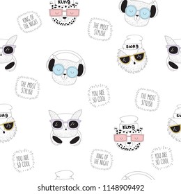 Vector seamless pattern with line drawing hipster animals. Doodle illustration. Friendship day, Valentine's, anniversary, birthday, children's or teenager party, notebook decoration