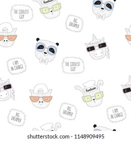 Vector seamless pattern with line drawing hipster animals. Doodle illustration. Friendship day, Valentine's, anniversary, birthday, children's or teenager party, notebook decoration