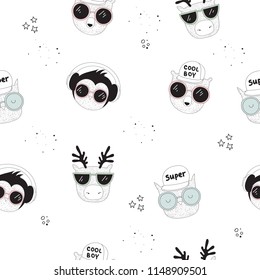 Vector seamless pattern with line drawing hipster animals. Doodle illustration. Friendship day, Valentine's, anniversary, birthday, children's or teenager party, notebook decoration