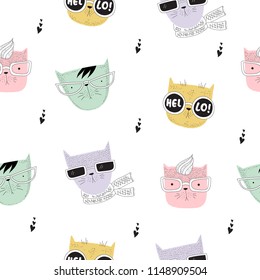 Vector seamless pattern with line drawing hipster cats. Doodle illustration. Friendship day, Valentine's, anniversary, birthday, children's or teenager party, notebook decoration