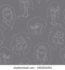 Vector seamless pattern with line drawing female faces. Trendy design