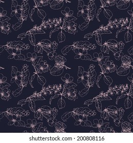 Vector seamless pattern with line drawing flowers of trees,apple and cherry blooming, nature illustration