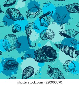 vector seamless pattern with line drawing shells, hand drawn illustration