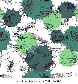 vector seamless pattern with line drawing insects, hand drawn vector illustration