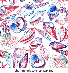 Vector seamless pattern with line drawing shells, hand drawn sea illustration