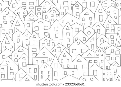 Vector seamless pattern. Line drawings of roofs, houses with windows. Creativity for children's coloring. For the design of gift wrapping, postcards, business, tablecloths.