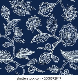 Vector seamless pattern with line drawn stylized leaves and flowers of exotic plants. Ethnic colorful doodle texture. Mehndi design.  Curved doodling background