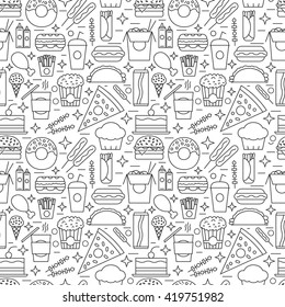 Vector seamless pattern. Line fast food for menu, cafes, restaurants, bars