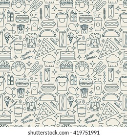 Vector seamless pattern. Line fast food for menu, cafes, restaurants, bars
