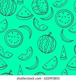 Vector seamless pattern of line fresh and juicy whole watermelons and slices on turquoise background