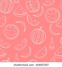 Vector seamless pattern of line fresh and juicy whole watermelons and slices on coral pink background. Lineart for textile print and paper