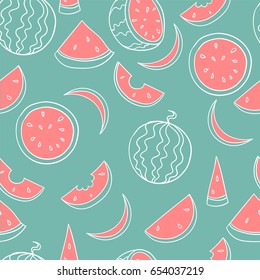Vector seamless pattern of line fresh and juicy whole watermelons and slices on mint green background. Lineart for textile print and paper