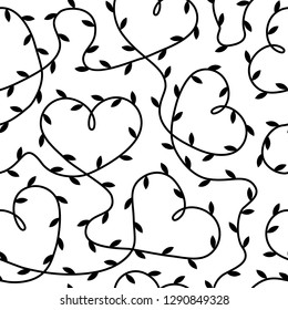 Vector seamless pattern with line hearts and leaves. Abstract background. Nature ornament. Monochrome black and white seamless background. Repeating elegant background. Modern stylish texture