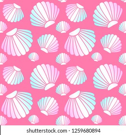 Vector seamless pattern of line holographic shell isolated on pink background 