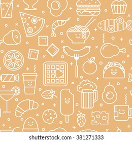 Vector seamless pattern of line iconic illustration of restaurant and fast food like coffee, pizza, wafer, burger, ice cream and Chinese plates. White and beige colors