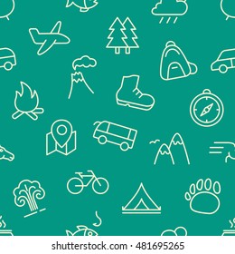 Vector seamless pattern with line icons of traveling on green background