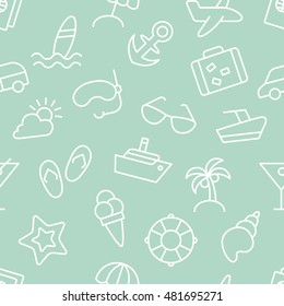 Vector seamless pattern with line icons of beach holiday on light-blue background