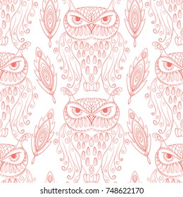 Vector seamless pattern with line owl and feathers in red color.