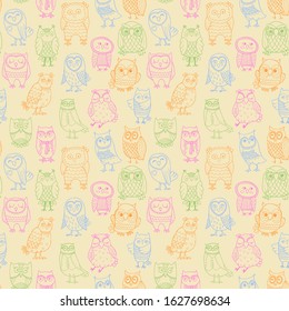 Vector seamless pattern of Line owls. Stylized hand drawing