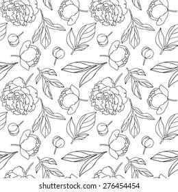 Vector seamless pattern of line peony flower and lives. Sketch illustration