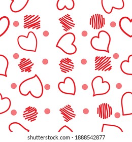 Vector seamless pattern of line red heart on white background. Red heart line hand drawn.